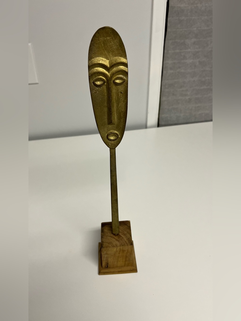 Brass Finish Tribal Face Sculpture on Wood Base - Gold Accent